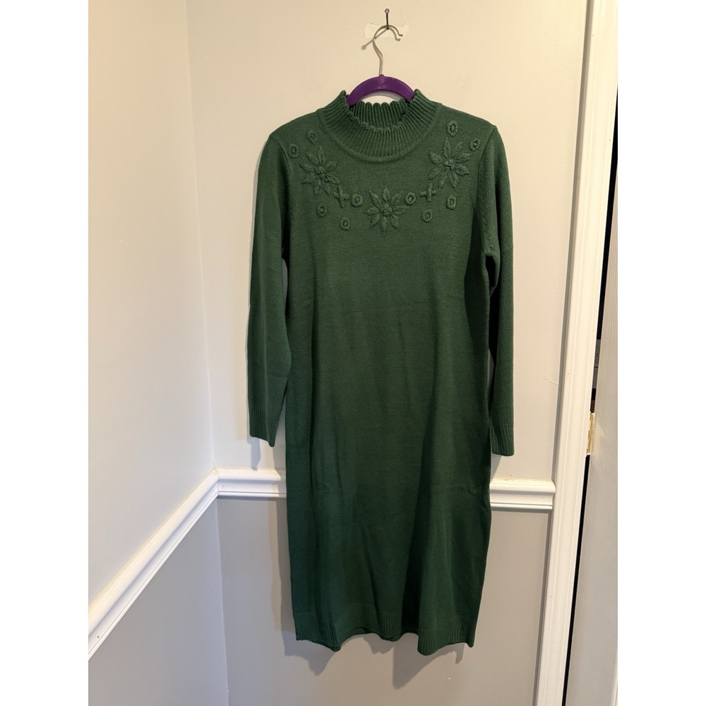 Vintage Salon Studio Embroidered Long Sweater Dress Green Long Sleeves‎ Size Med